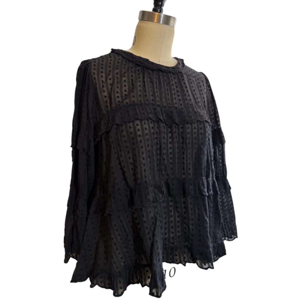 Isabel Marant Etoile Ykaria Ruffle Blouse Black Flocked Cotton Size 40